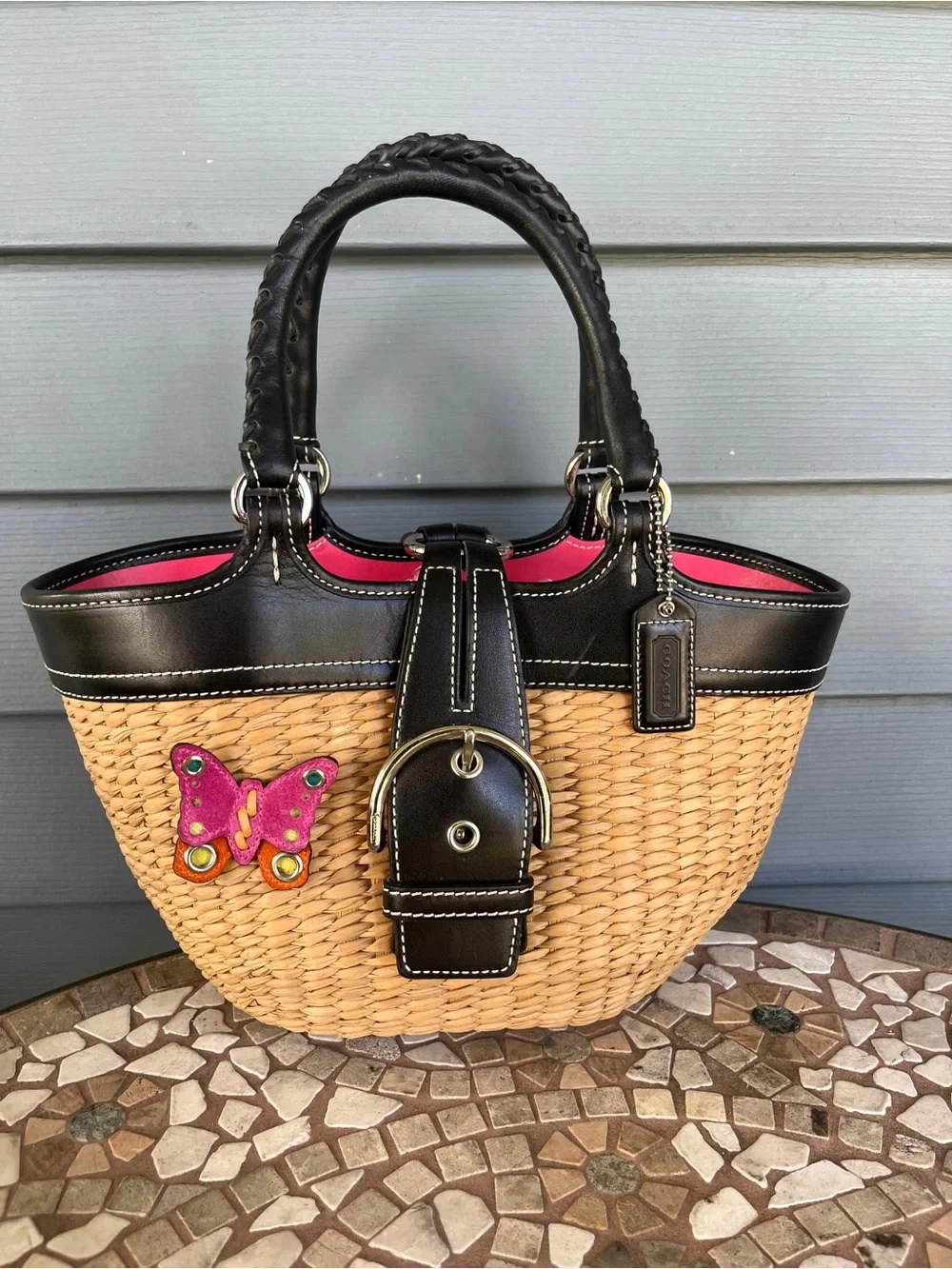 Coach Straw Tote with Black Leather Trim and Pink Accents